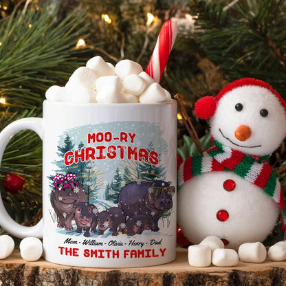 Personalized Hippo Family Christmas, Moo-ry Christmas Hippo Moo Deng White Mug