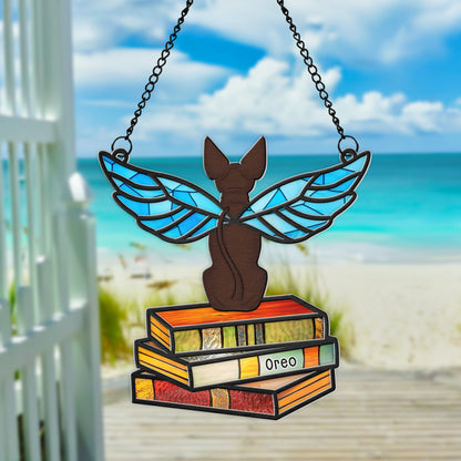 Personalized Angel Cat Memorial, Cat On Pile Of Books Hanging Suncatcher Ornament