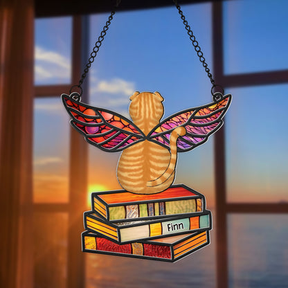 Personalized Angel Cat Memorial, Cat On Pile Of Books Hanging Suncatcher Ornament