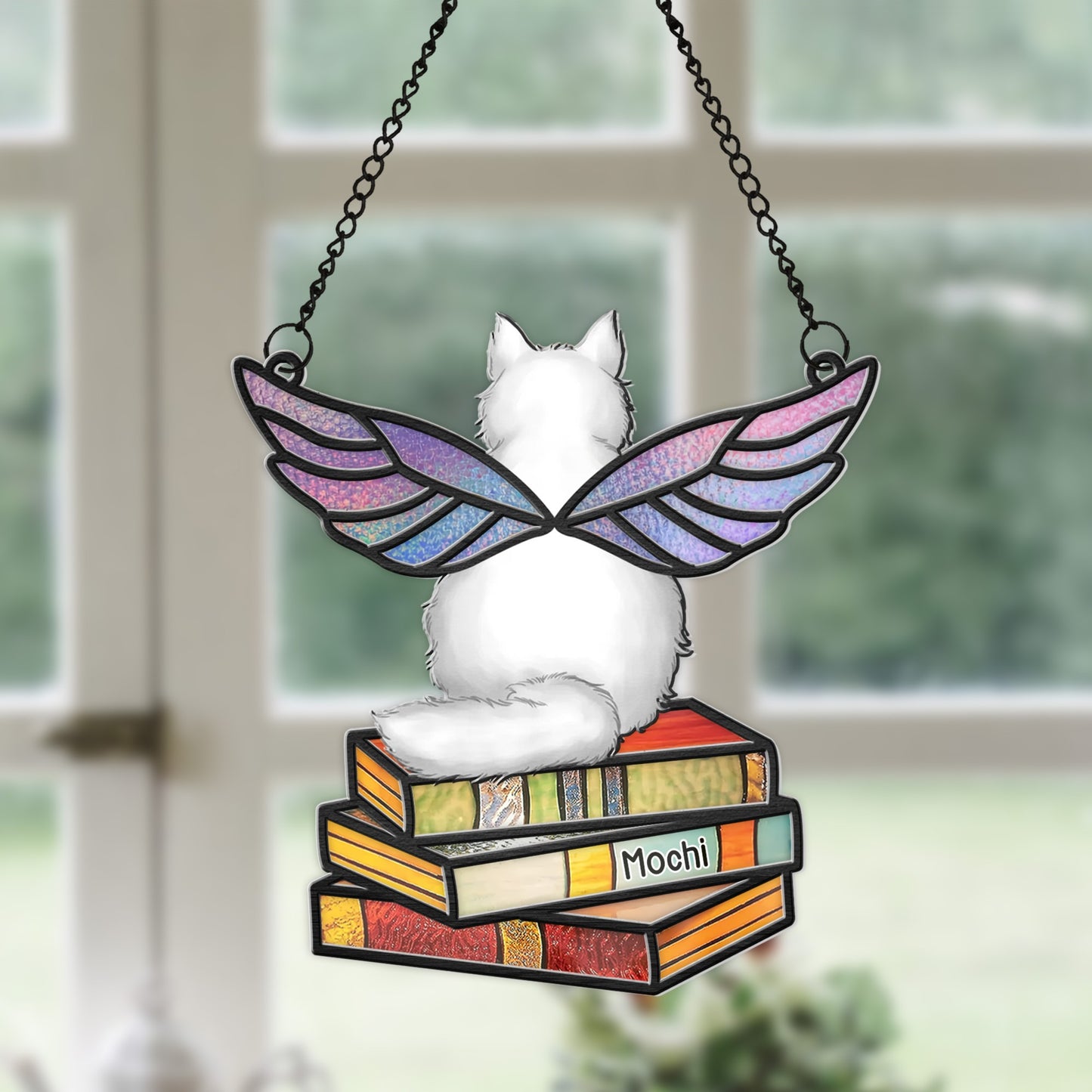 Personalized Angel Cat Memorial, Cat On Pile Of Books Hanging Suncatcher Ornament