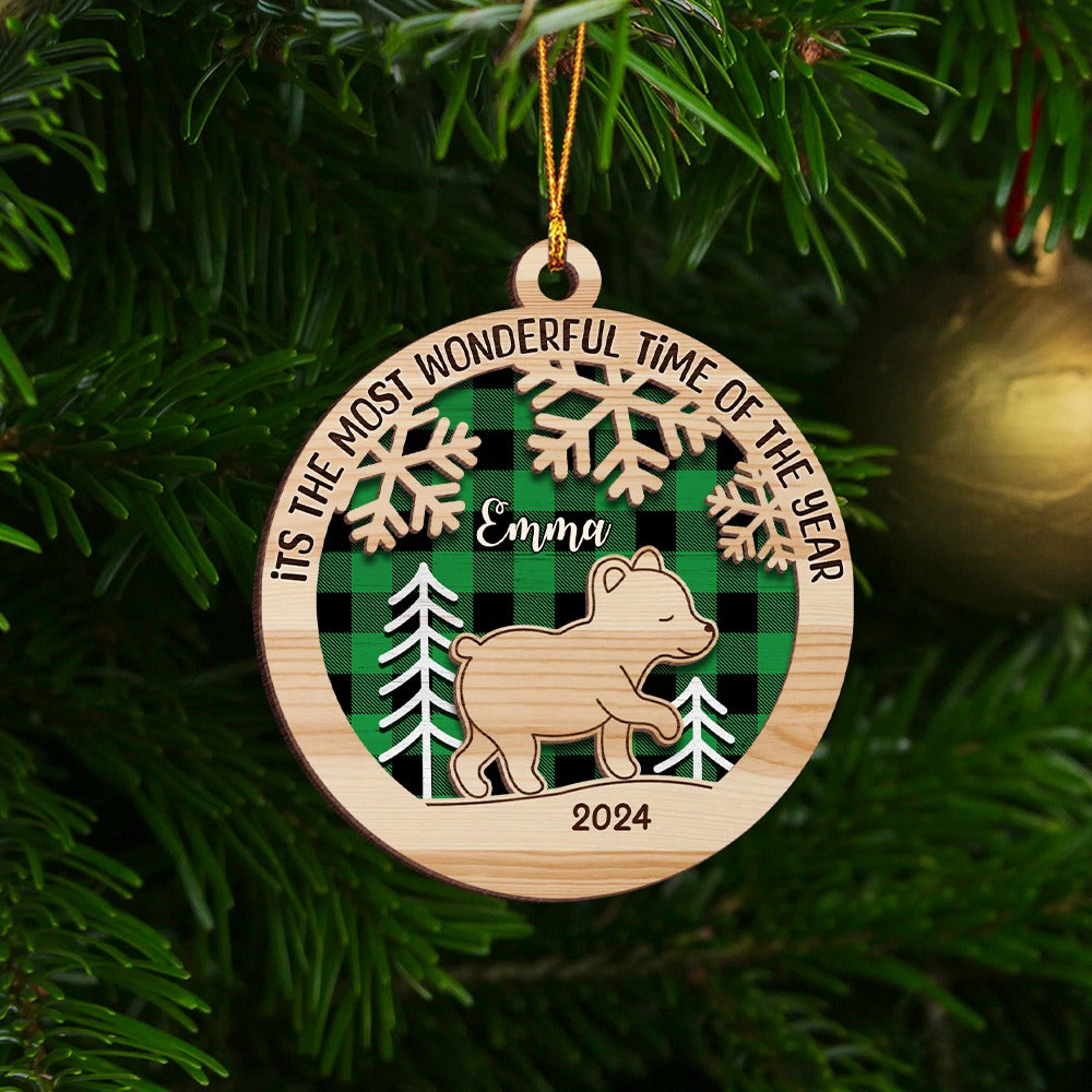 Personalized Baby Bear It's The Most Wonderful Time Of The Year Christmas 2-Layer Wooden Ornament