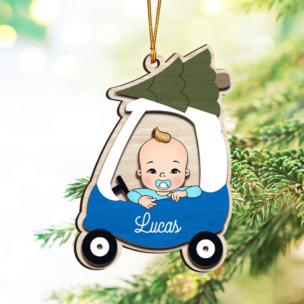 Personalized Baby Car Christmas, Christmas Gifts For Baby 2-Layer Wooden Ornament