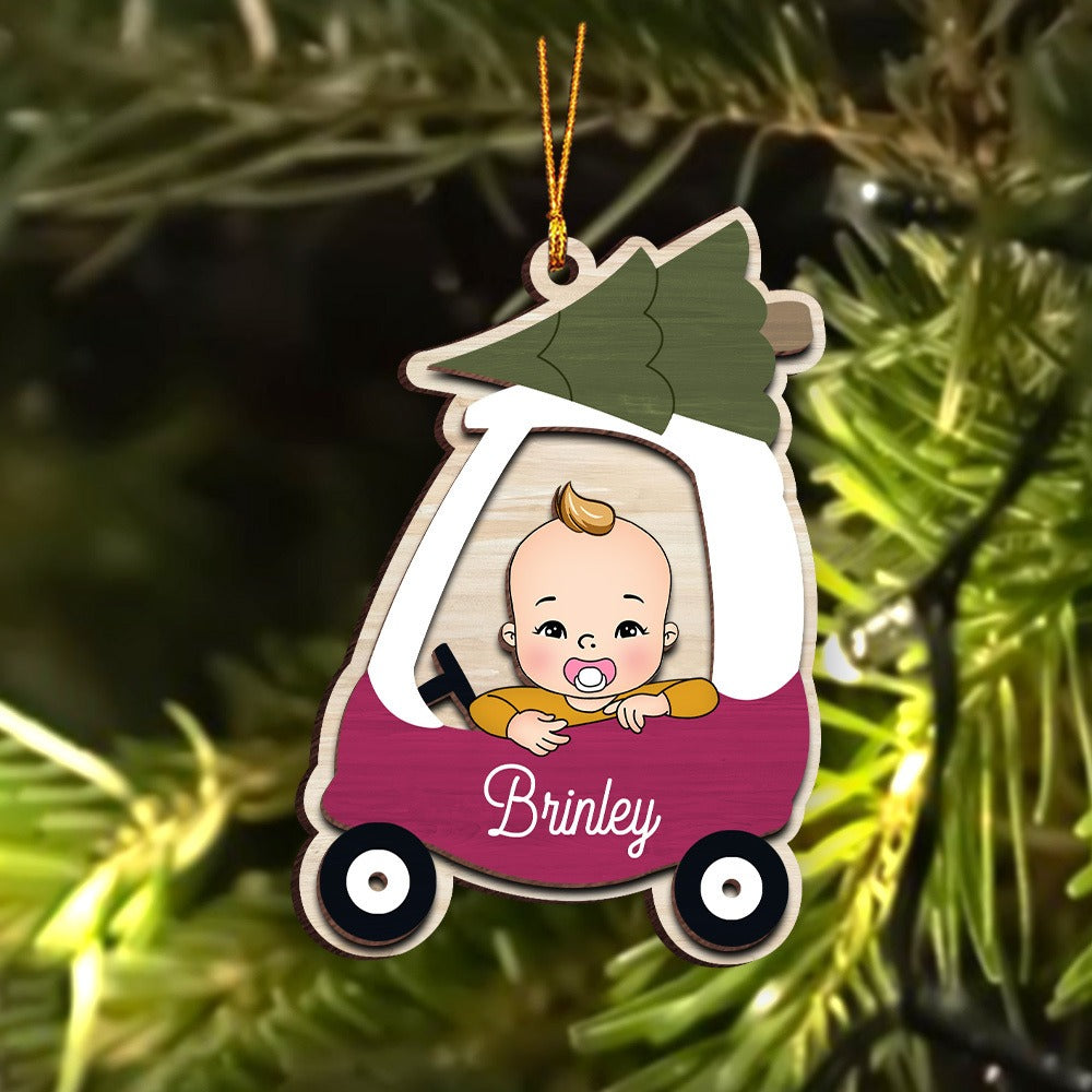 Personalized Baby Car Christmas, Christmas Gifts For Baby 2-Layer Wooden Ornament