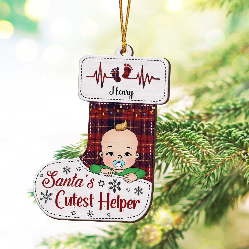 Personalized Baby Christmas Santa's Cutest Helper Sock Wooden Ornament