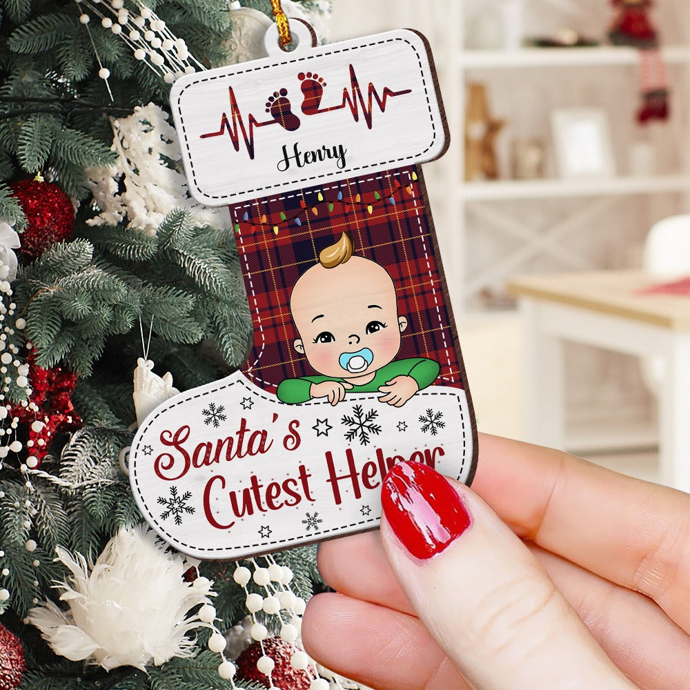 Personalized Baby Christmas Santa's Cutest Helper Sock Wooden Ornament