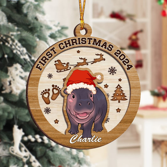 Personalized Baby Hippo Christmas Ornament, Baby's First Christmas 2024 Hippo 2-Layer Wooden Ornament