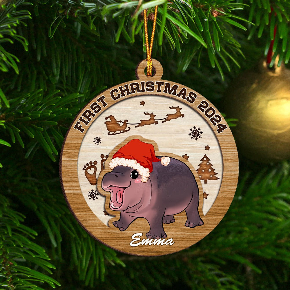 Personalized Baby Hippo Christmas Ornament, Baby's First Christmas 2024 Hippo 2-Layer Wooden Ornament