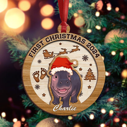 Personalized Baby Hippo Christmas Ornament, Baby's First Christmas 2024 Hippo 2-Layer Wooden Ornament