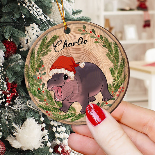 Personalized Baby Hippo Christmas Ornament, Custom Hippo Lovers Christmas Circle Wooden Ornament