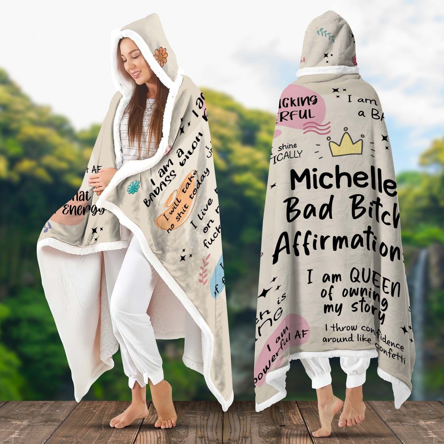 Personalized Bad Bitch Affirmations I Am Queen of Owning My Story Hooded Blanket