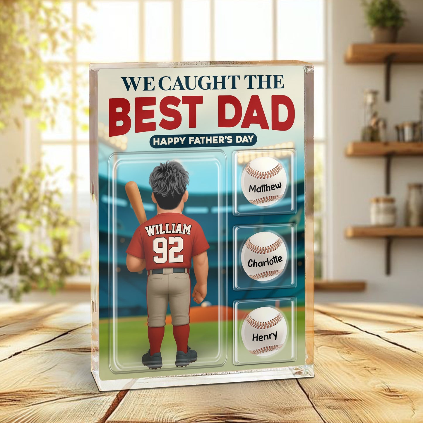 Personalized Baseball Dad and Kids Trading Card Style We Caught The Best Dad Acrylic Block Plaque