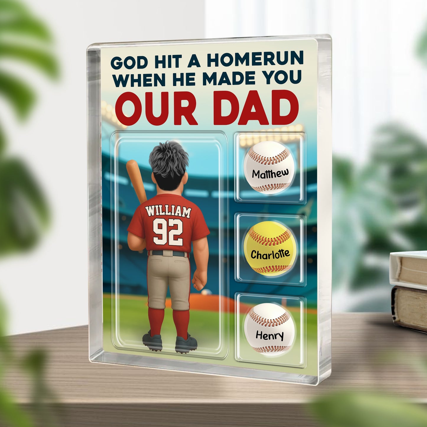 Personalized Baseball Dad and Kids Trading Card Style We Caught The Best Dad Acrylic Block Plaque