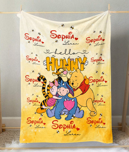 Personalized Bear With Friends, Watercolor Winnie The Pooh Blanket