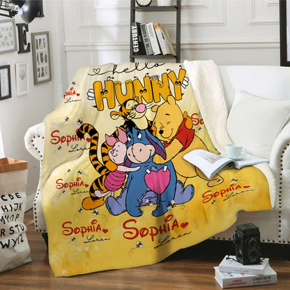 Personalized Bear With Friends, Watercolor Winnie The Pooh Blanket