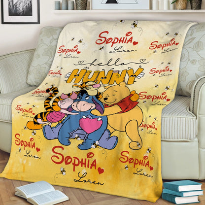 Personalized Bear With Friends, Watercolor Winnie The Pooh Blanket