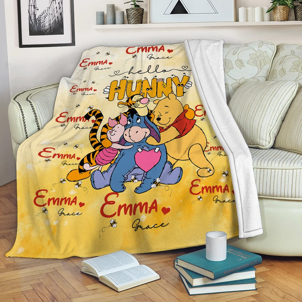 Personalized Bear With Friends, Watercolor Winnie The Pooh Blanket