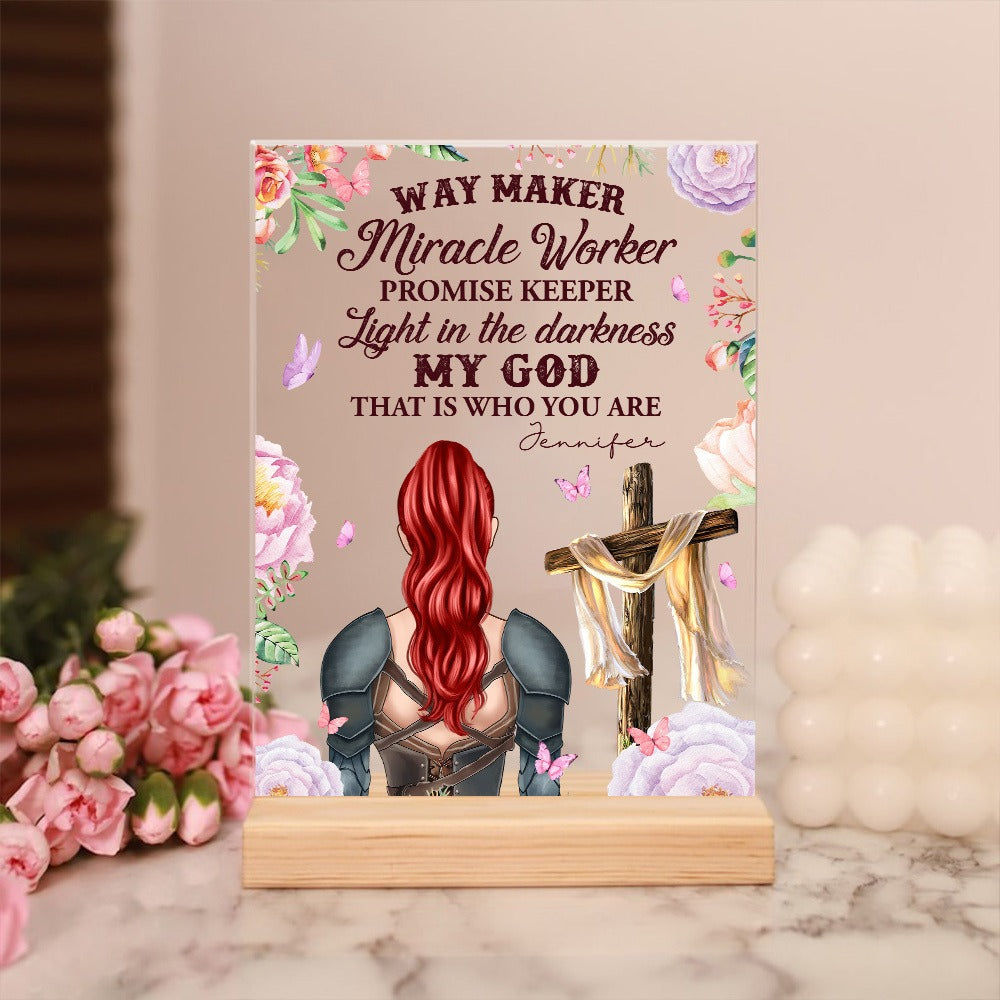 Personalized Beautiful Warrior Way Maker Miracle Worker Promise Keeper Light In The Darkness Acrylic Plaque