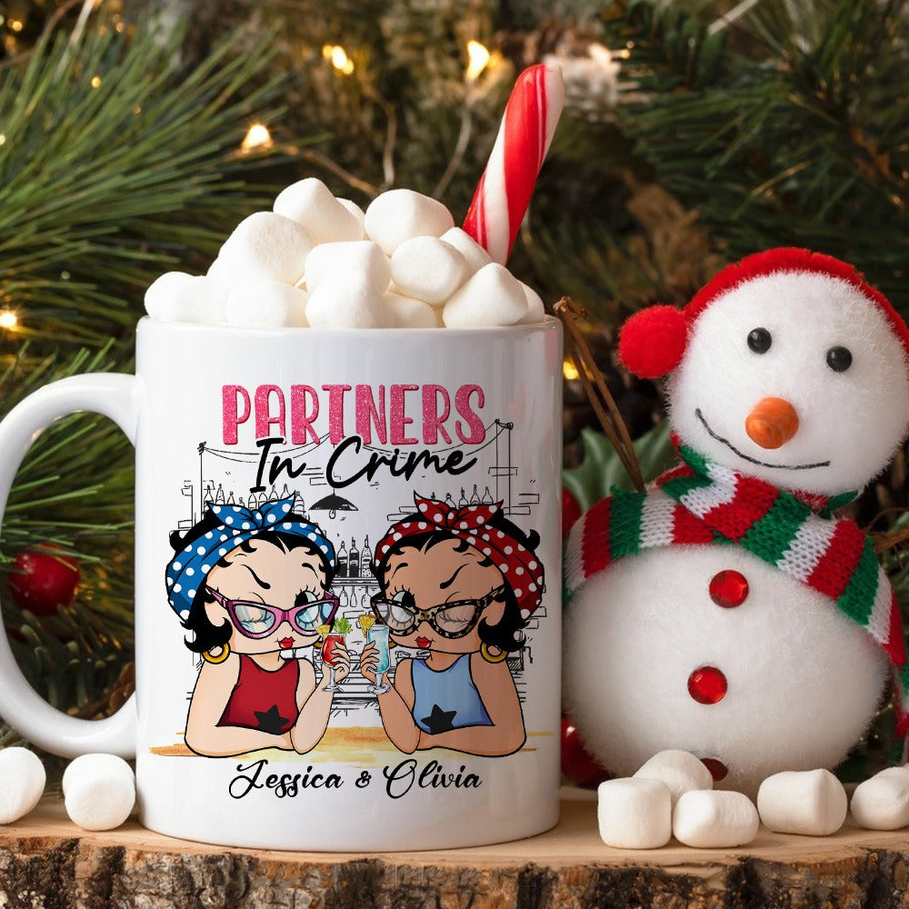 Personalized Besties Partners in Crime, Warning The Girls Are Drinking Again White Mug