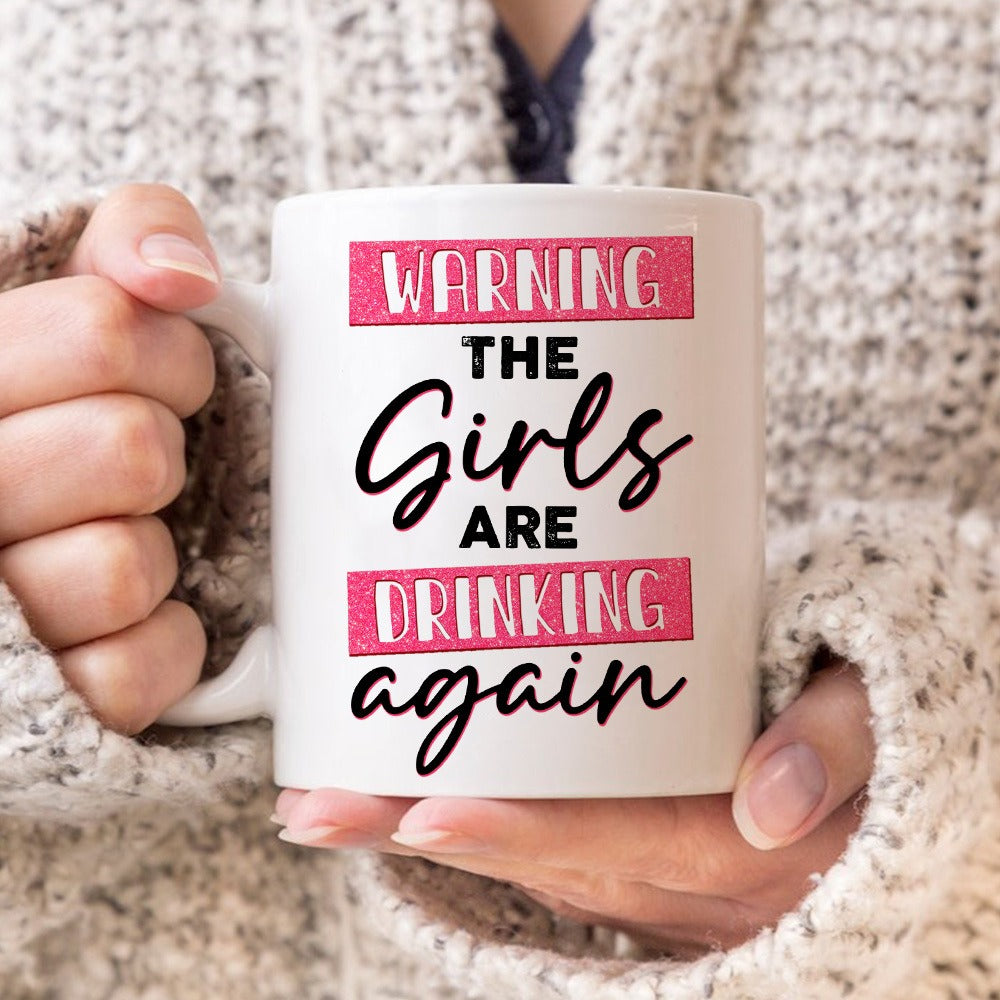 Personalized Besties Partners in Crime, Warning The Girls Are Drinking Again White Mug