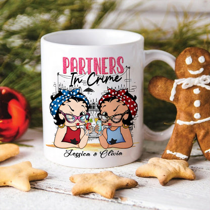 Personalized Besties Partners in Crime, Warning The Girls Are Drinking Again White Mug