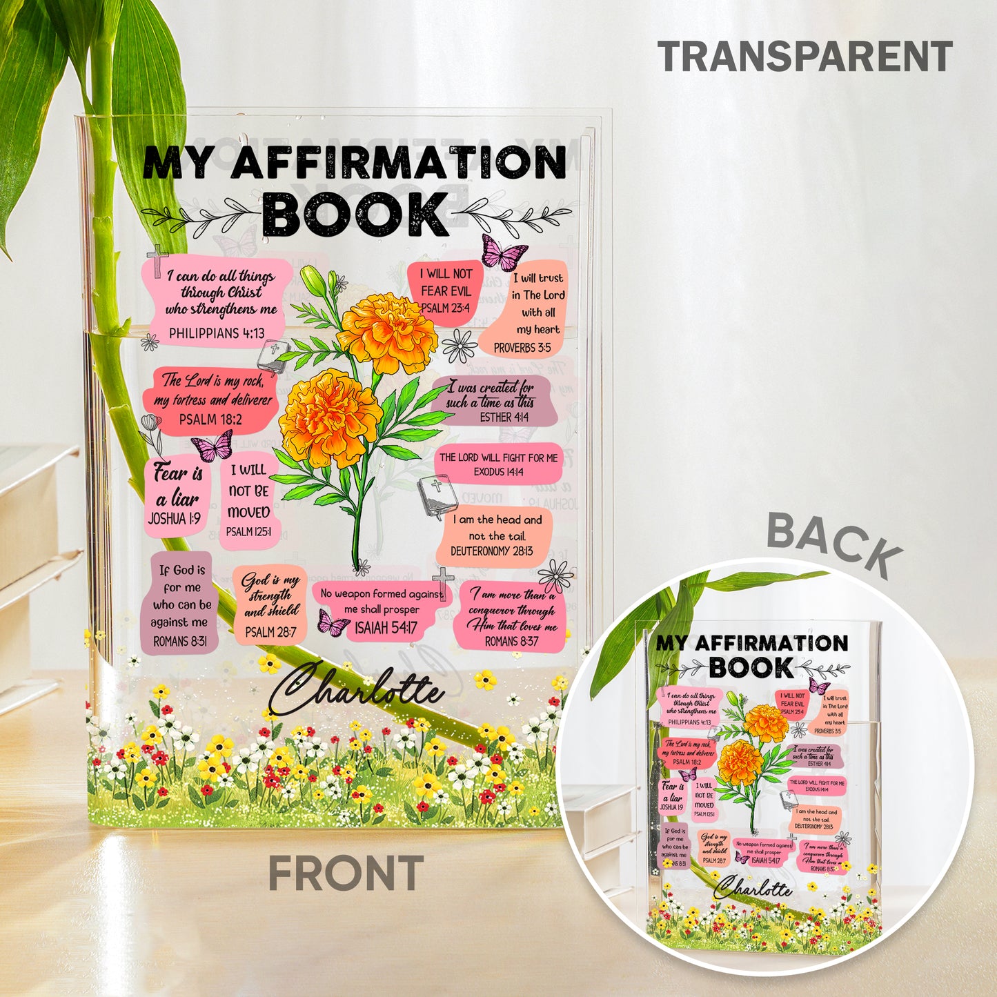 Personalized Birth Flower Christian Bible Verse Affirmation, Christian Gift for Women Acrylic Book Vase