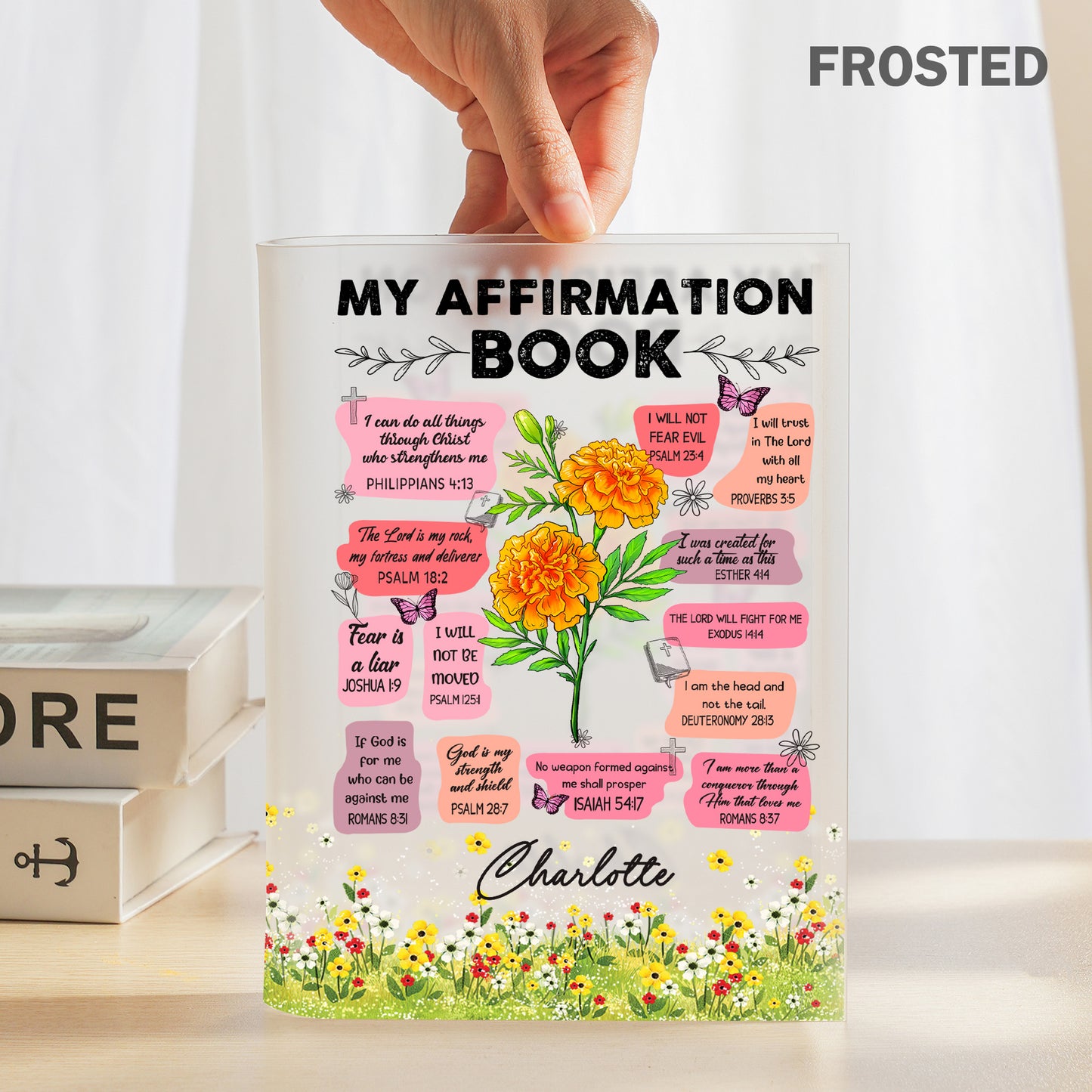 Personalized Birth Flower Christian Bible Verse Affirmation, Christian Gift for Women Acrylic Book Vase