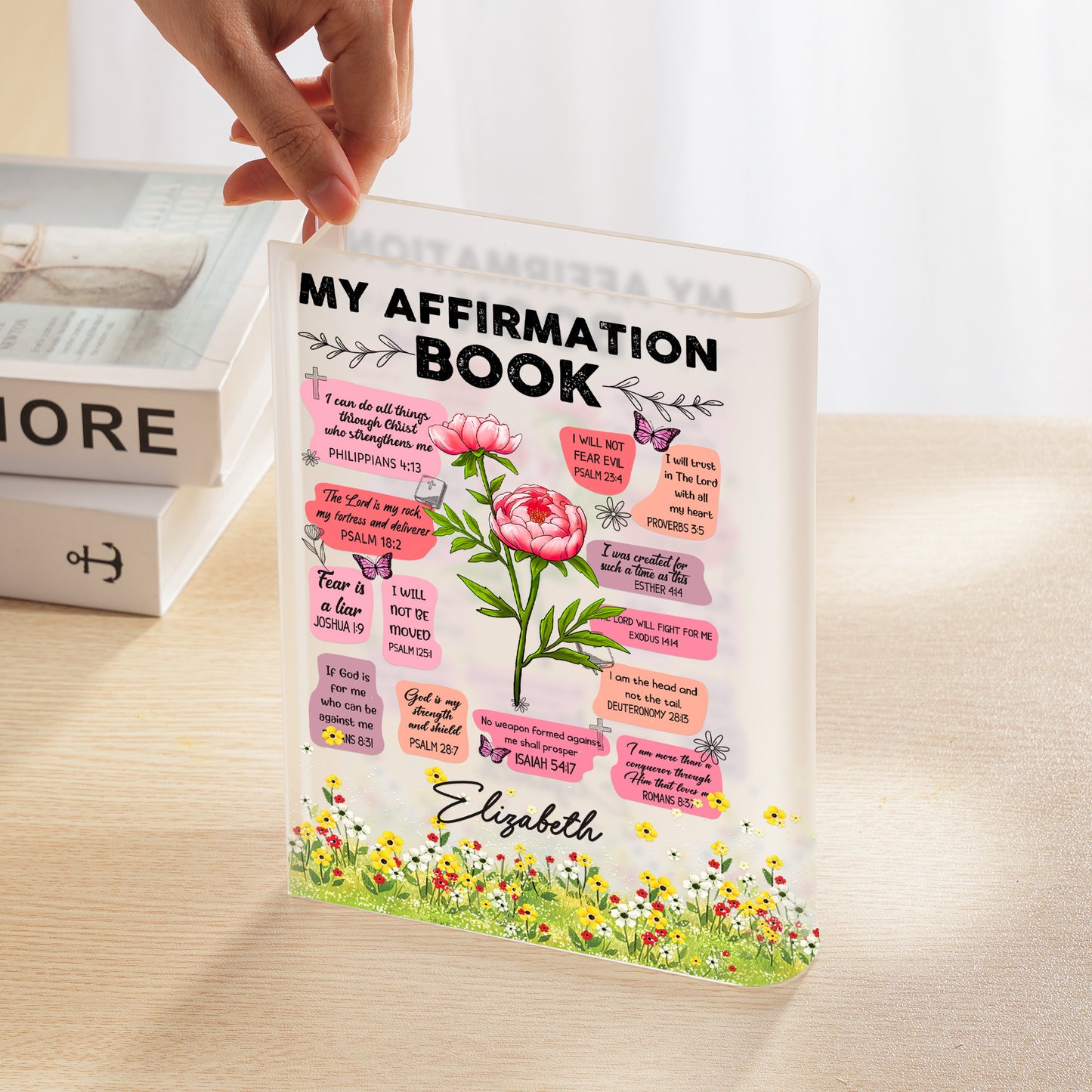 Personalized Birth Flower Christian Bible Verse Affirmation, Christian Gift for Women Acrylic Book Vase