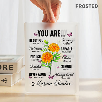 Personalized Birth Flower Christian You Are Beautiful Amazing Victorious Acrylic Book Vase