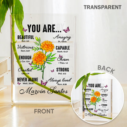 Personalized Birth Flower Christian You Are Beautiful Amazing Victorious Acrylic Book Vase