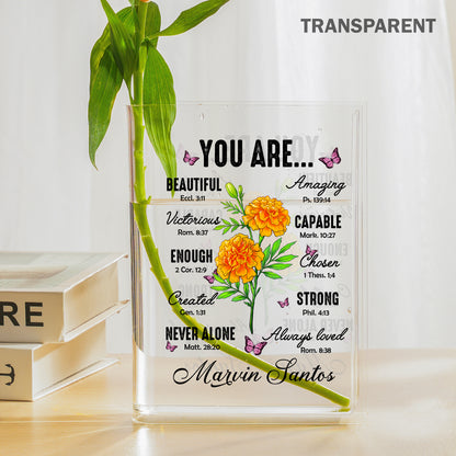 Personalized Birth Flower Christian You Are Beautiful Amazing Victorious Acrylic Book Vase