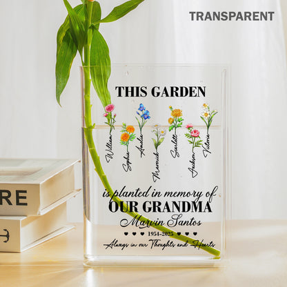 Personalized Birth Flower This Garden Is Planted in Memory Acrylic Book Vase, Memorial Gift for Loss of a Loved One