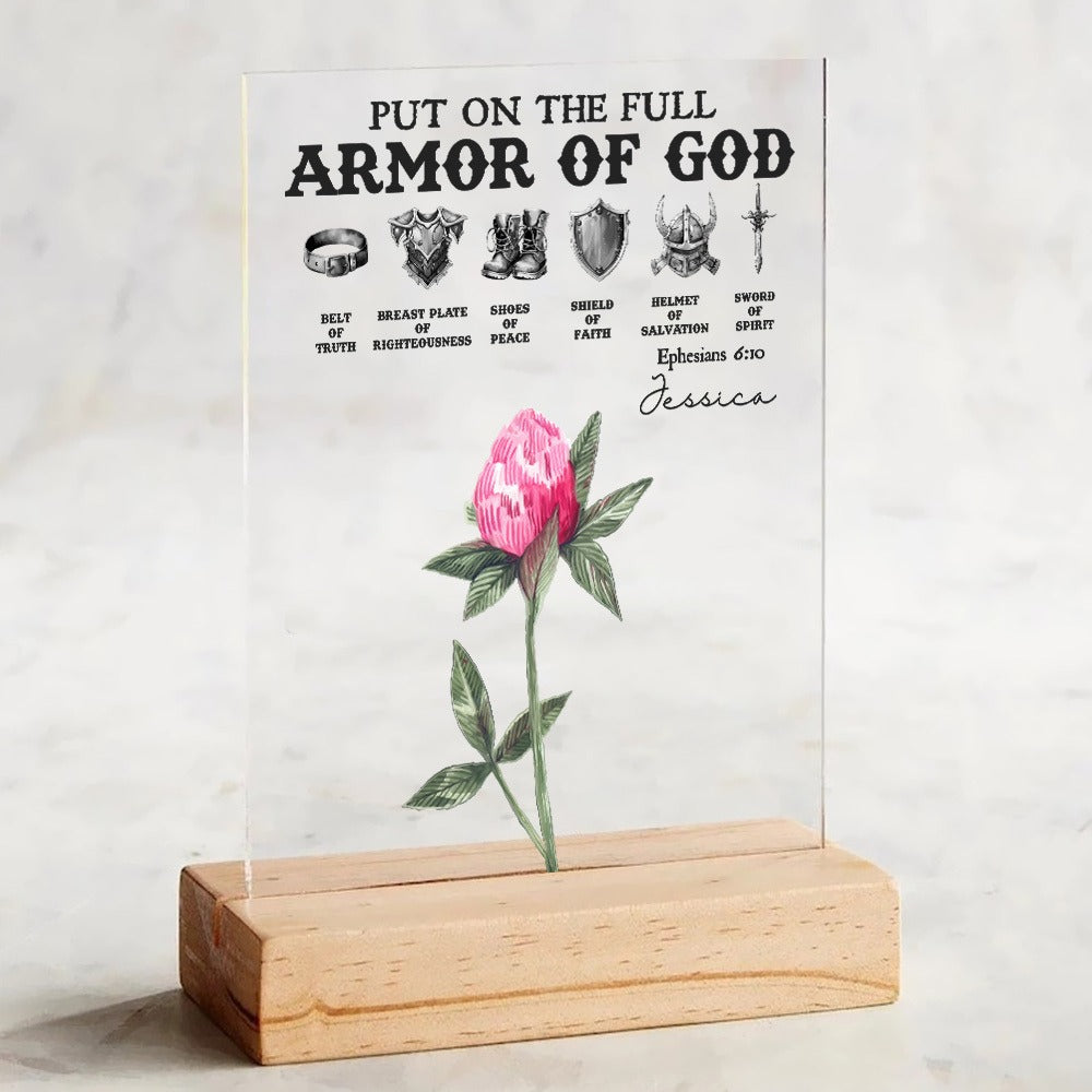 Personalized Birth Flower Warrior, Put On The Full Armor Of God Ephesians 6:10 Acrylic Plaque