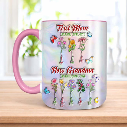 Personalized Birth Month Flower First Mom Now Grandma Accent Edge-to-Edge Mug