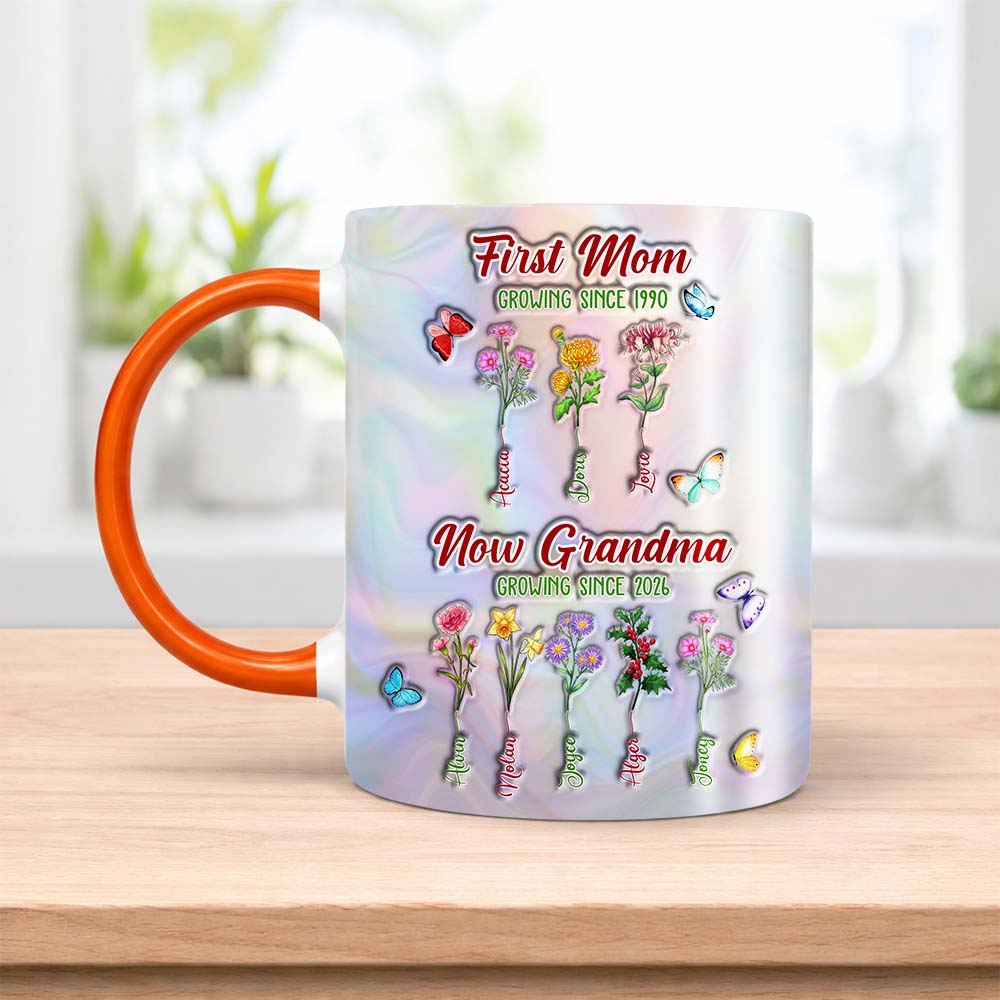 Personalized Birth Month Flower First Mom Now Grandma Accent Edge-to-Edge Mug