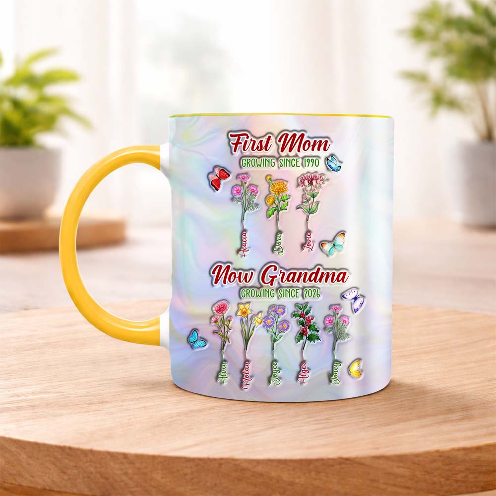 Personalized Birth Month Flower First Mom Now Grandma Accent Edge-to-Edge Mug
