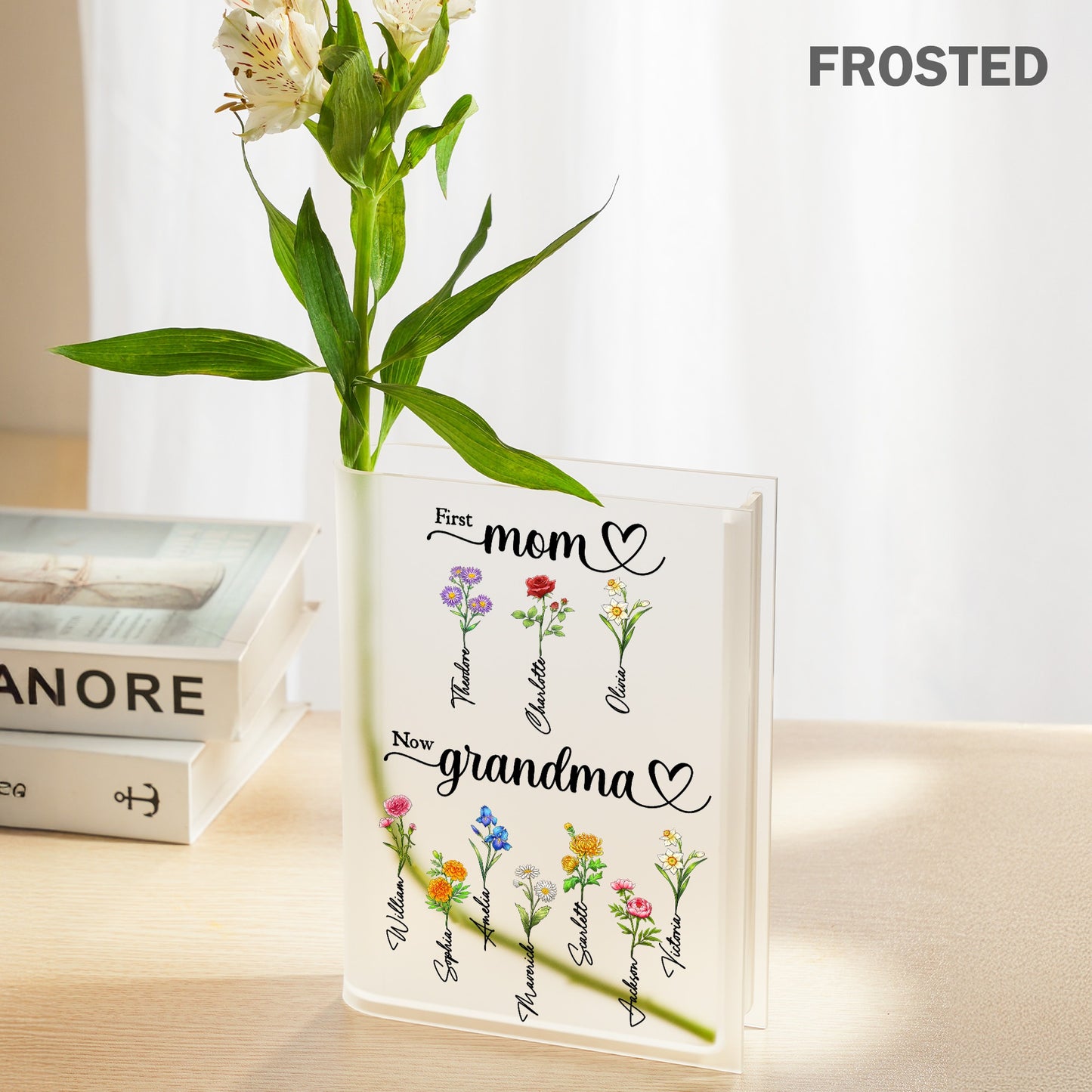 Personalized Birth Month Flower First Mom Now Grandma Acrylic Book Vase