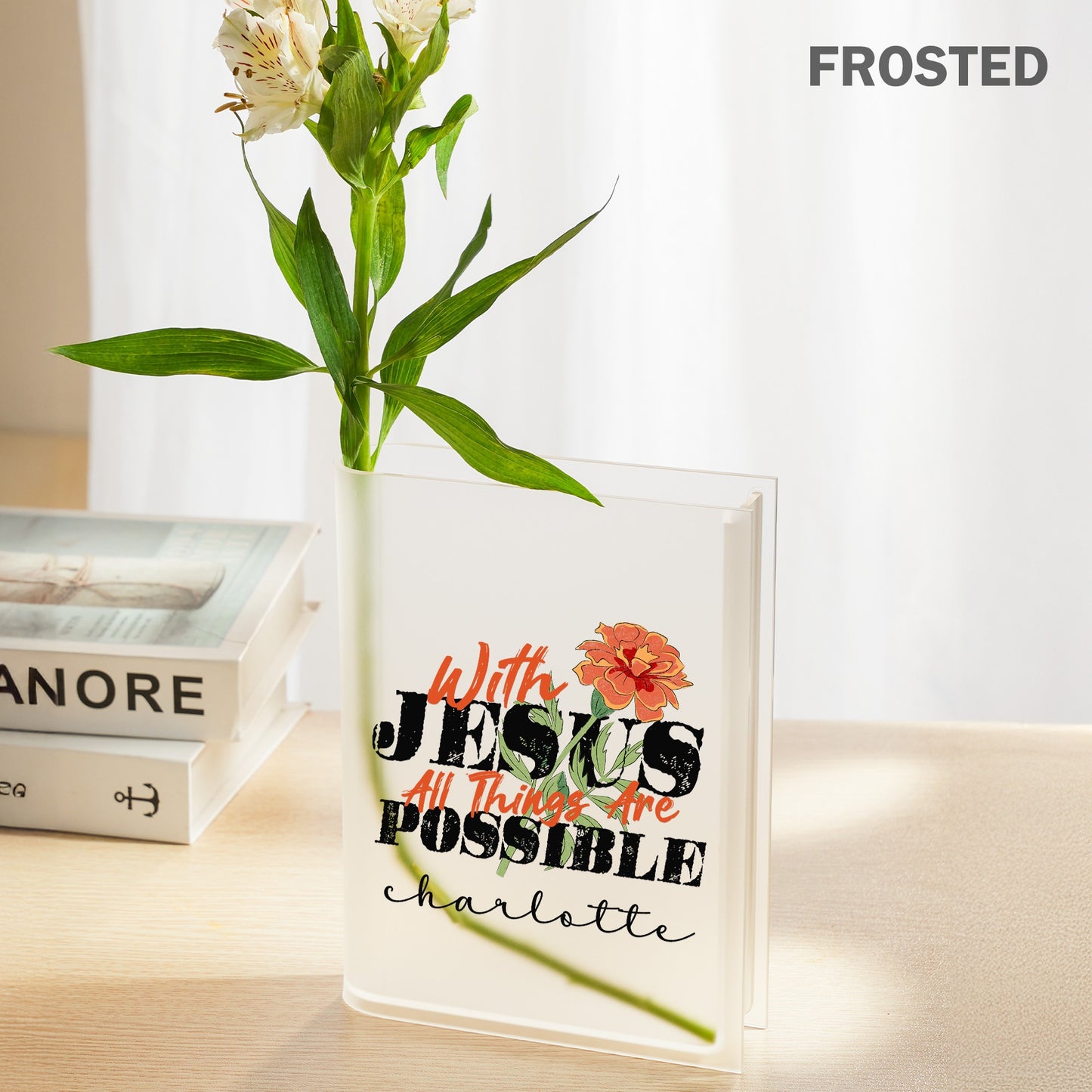 Personalized Birth Month Flower With Jesus All Things Are Possible Acrylic Book Vase
