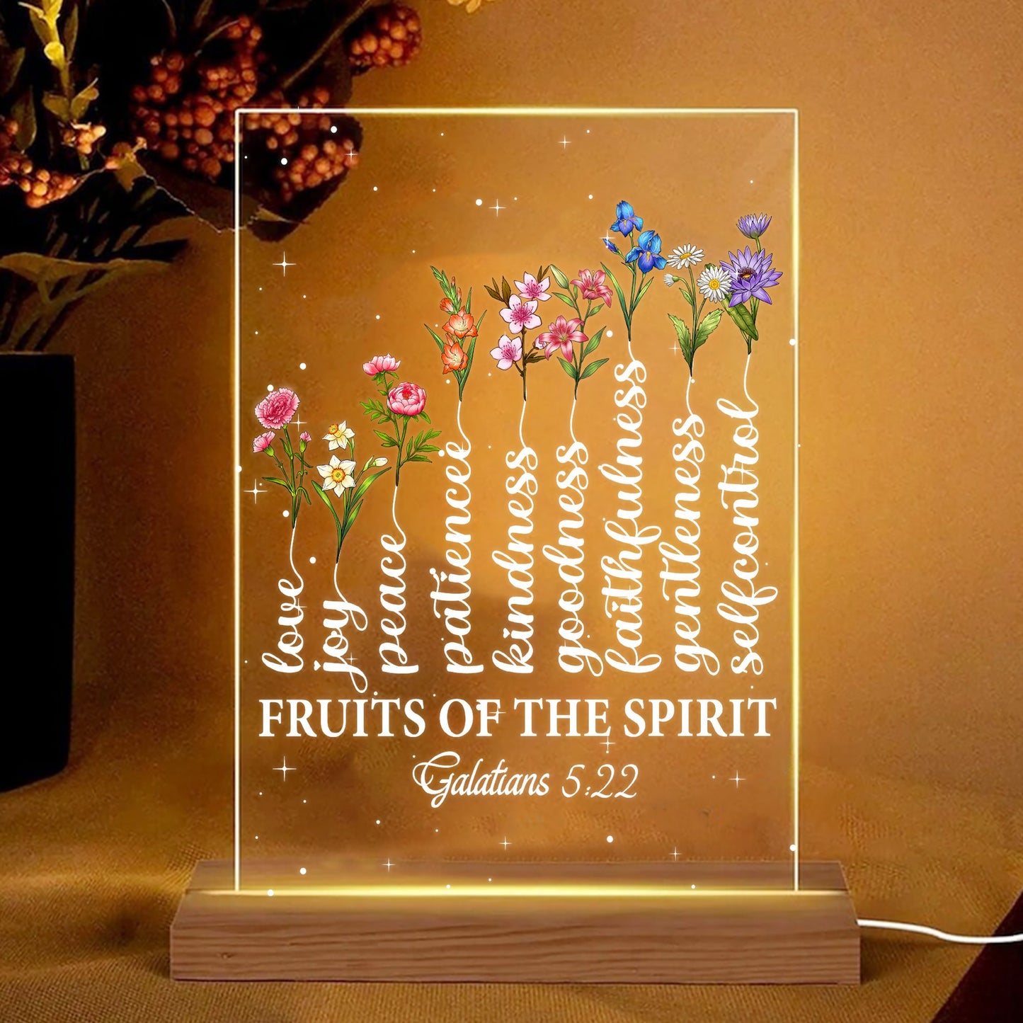 Personalized Family Birth Month Flowers, Fruit Of The Spirit Galatians 5:22-23 Tree Acrylic Plaque LED Light Night