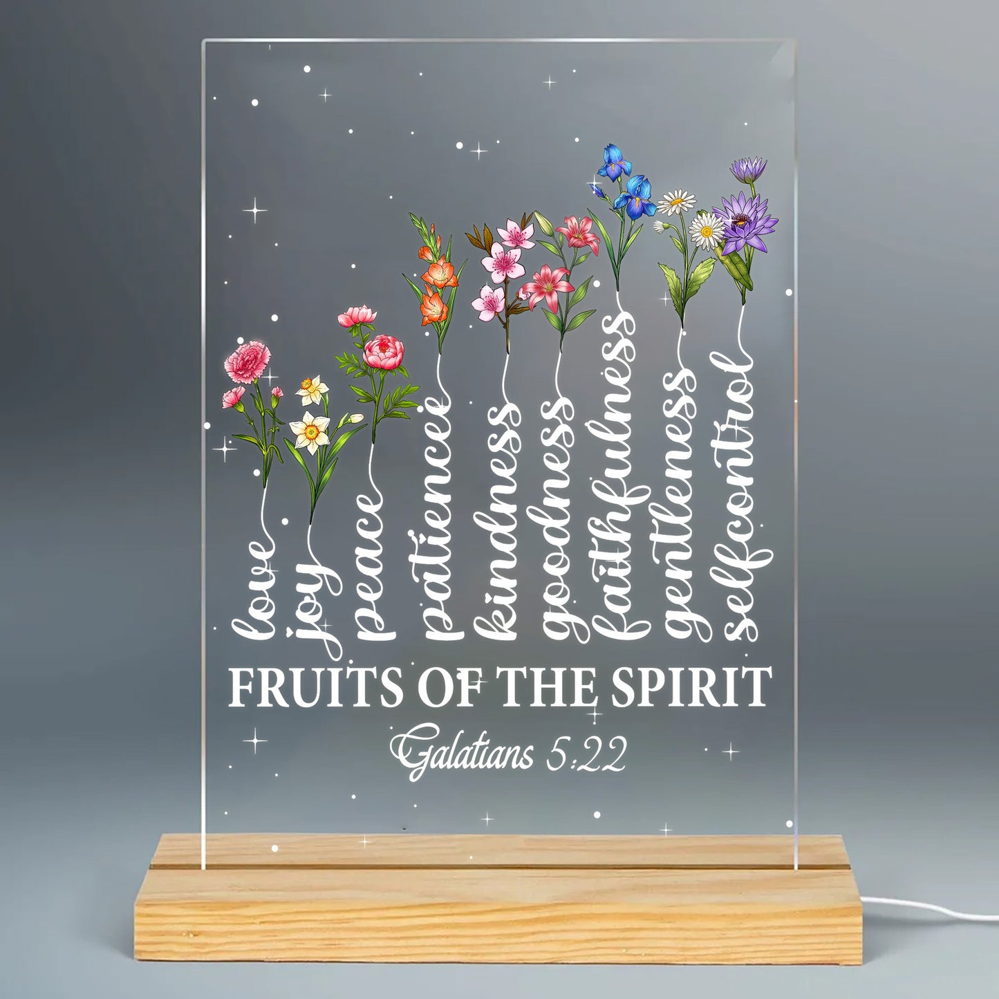 Personalized Family Birth Month Flowers, Fruit Of The Spirit Galatians 5:22-23 Tree Acrylic Plaque LED Light Night