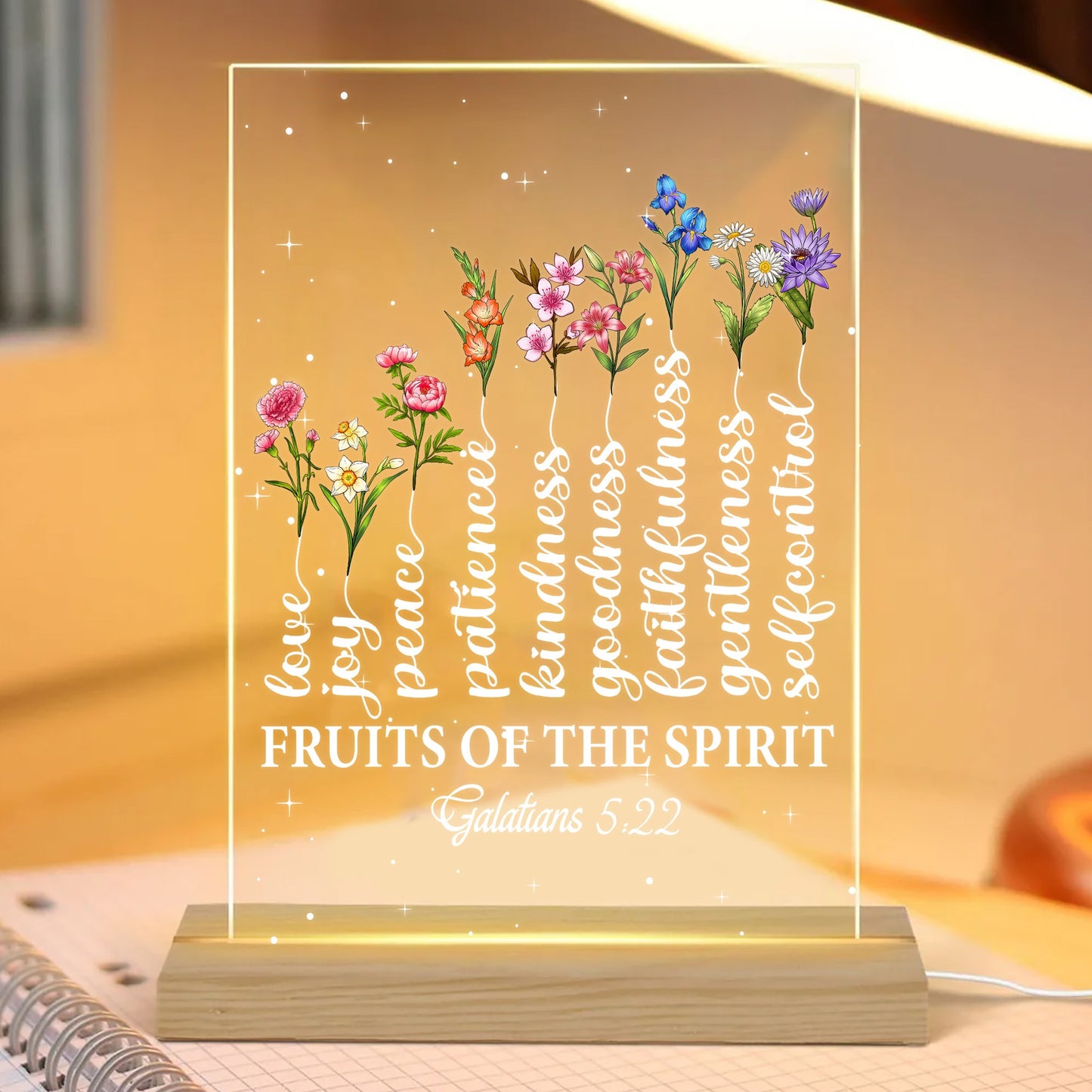 Personalized Family Birth Month Flowers, Fruit Of The Spirit Galatians 5:22-23 Tree Acrylic Plaque LED Light Night