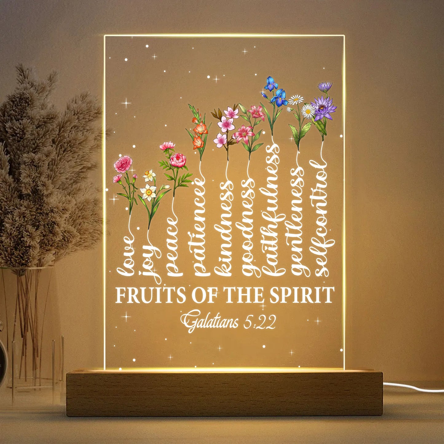 Personalized Family Birth Month Flowers, Fruit Of The Spirit Galatians 5:22-23 Tree Acrylic Plaque LED Light Night