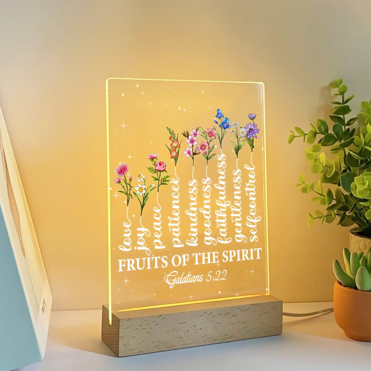 Personalized Family Birth Month Flowers, Fruit Of The Spirit Galatians 5:22-23 Tree Acrylic Plaque LED Light Night