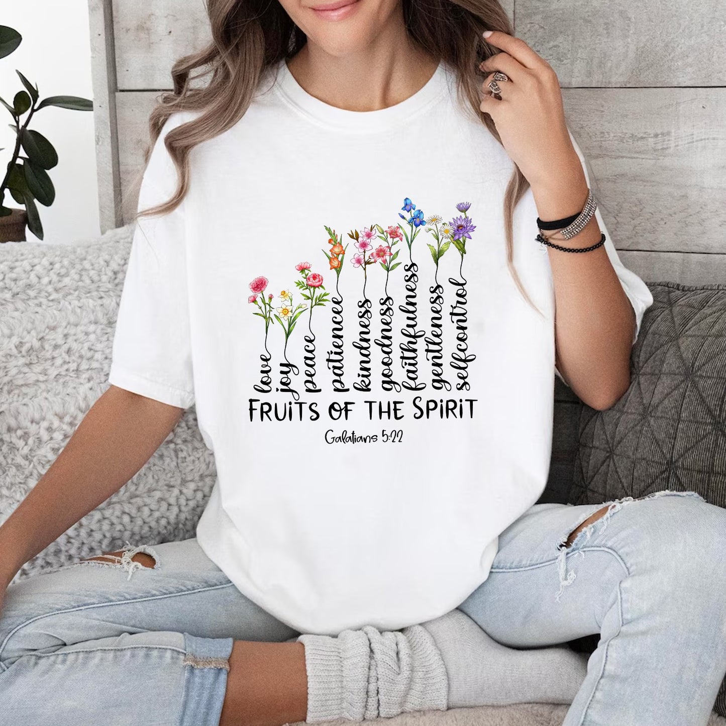 Personalized Birth Month Flowers Family Fruit Of The Spirit Galatians 5:22-23 Tree T-Shirt