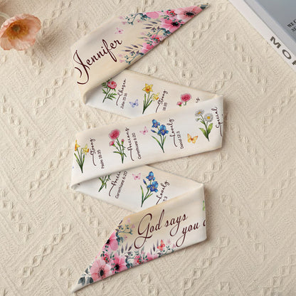 Personalized Birth Month Flowers God Says You Are Chosen Strong All-over Print Satin Hair Scarf