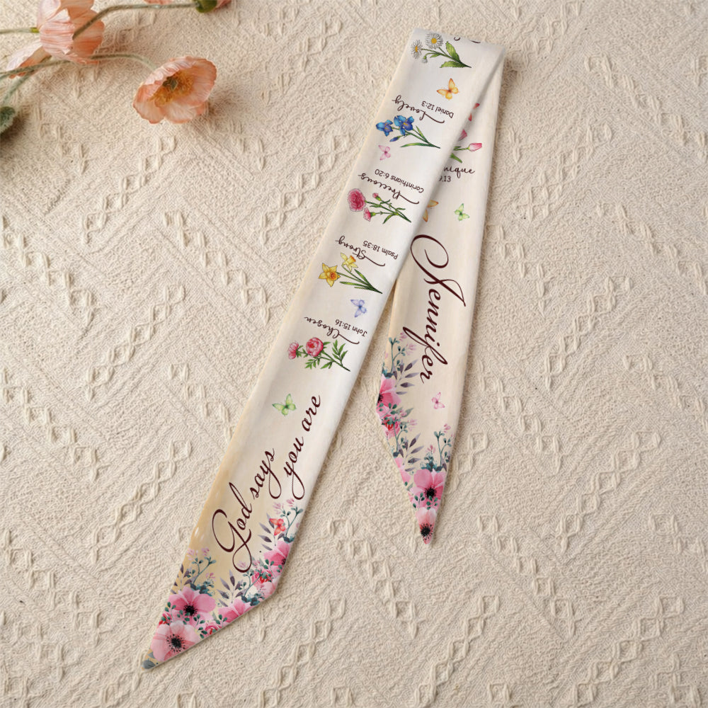 Personalized Birth Month Flowers God Says You Are Chosen Strong All-over Print Satin Hair Scarf