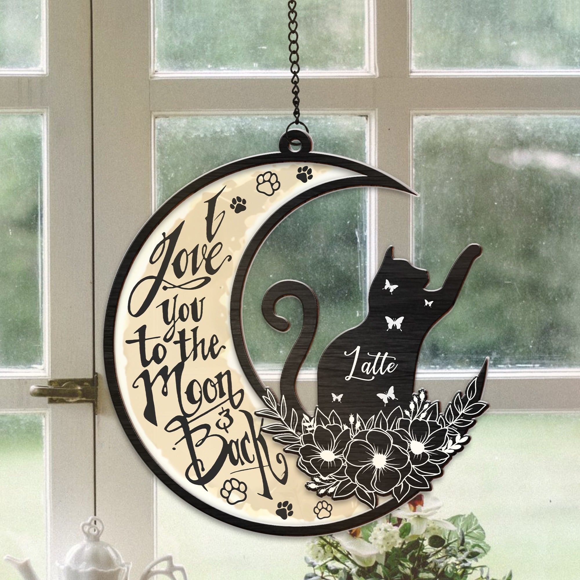 Personalized Black Cat I Love You To The Moon And Back Hanging Suncatcher Ornament