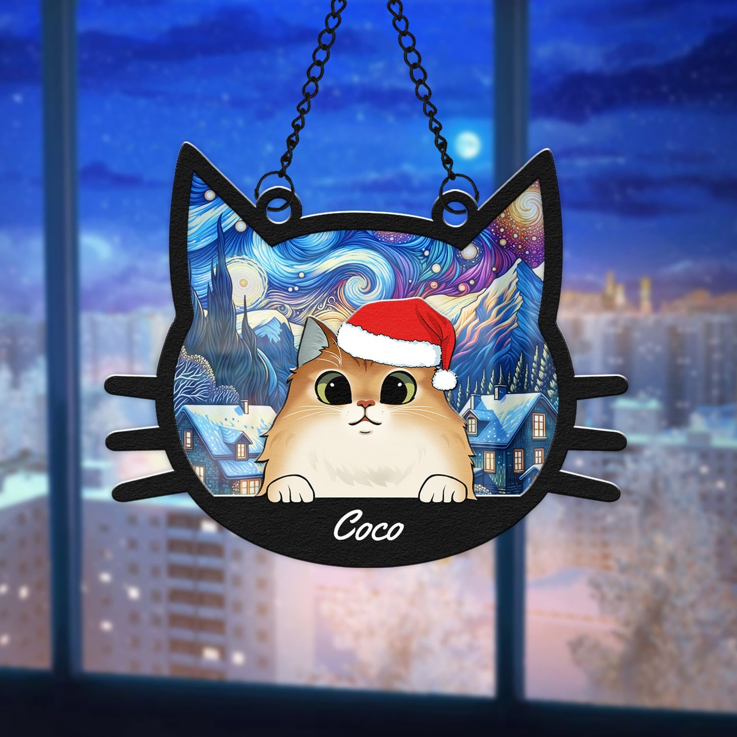 Personalized Cat Face Christmas Hanging Suncatcher Ornament