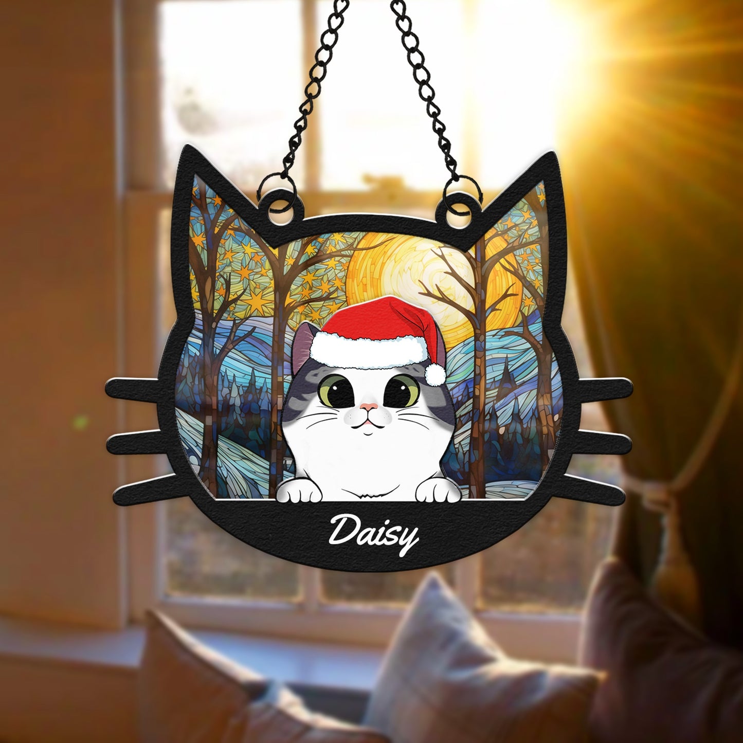 Personalized Cat Face Christmas Hanging Suncatcher Ornament