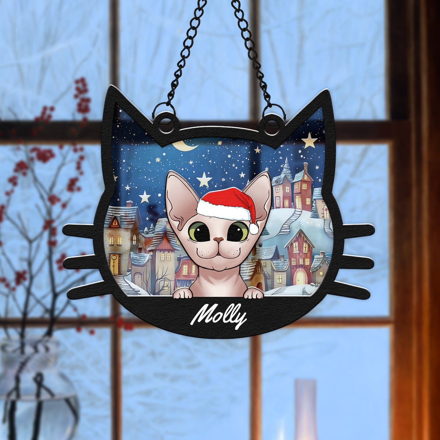 Personalized Cat Face Christmas Hanging Suncatcher Ornament