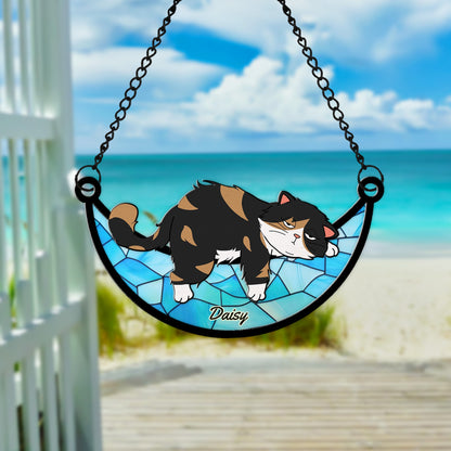 Personalized Lazy Cat Sleeping On Moon Hanging Suncatcher Ornament